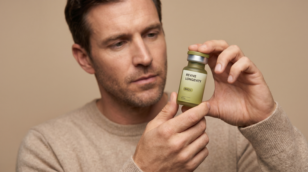 A person holding a Revive Longevity NAD+ vial in a calm, sunlit wellness setting