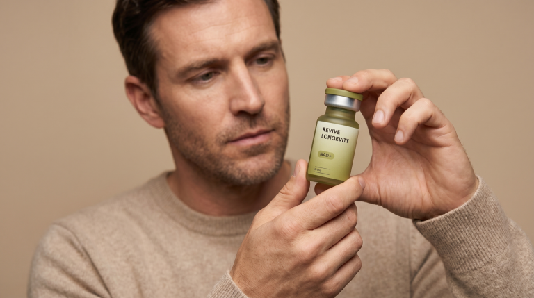 A person holding a Revive Longevity NAD+ vial in a calm, sunlit wellness setting