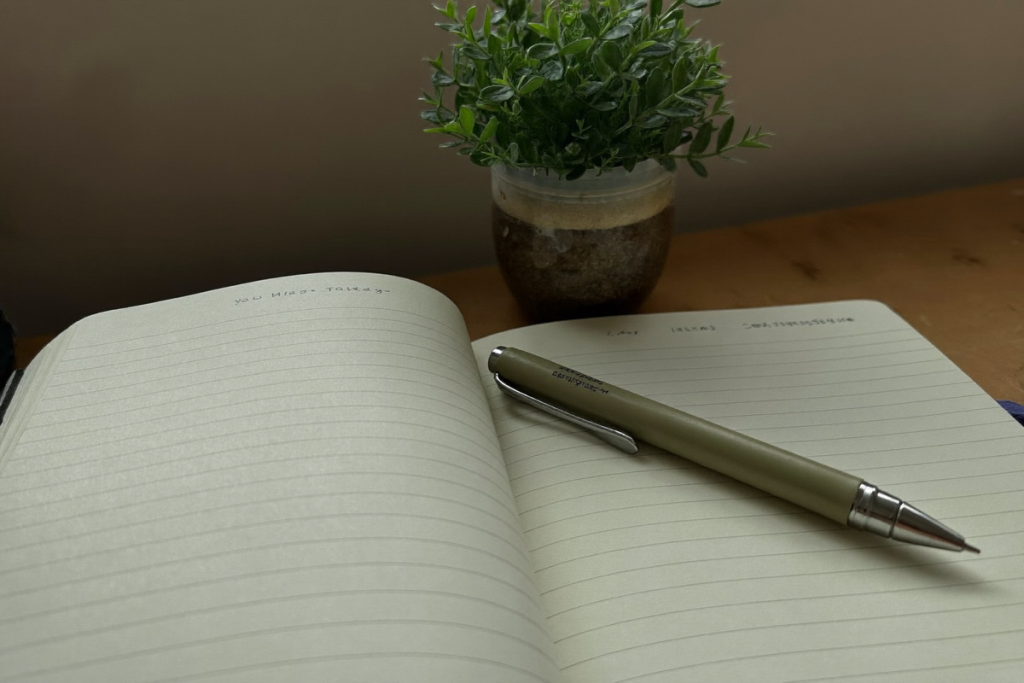 A blank notebook and pen on a wooden desk with a blurred green plant behind