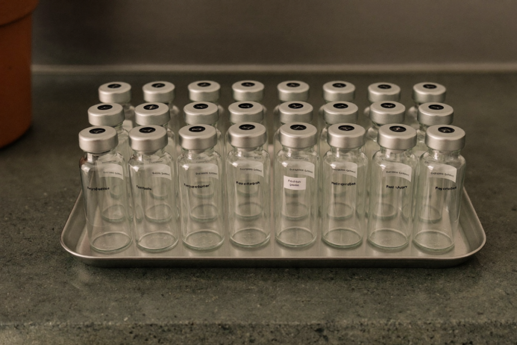 A row of empty glass vials on a stainless steel tray on a sage-green counter
