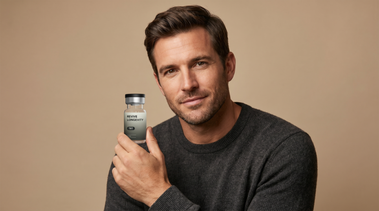 A man holding a Revive Longevity testosterone vial in a warm editorial studio portrait