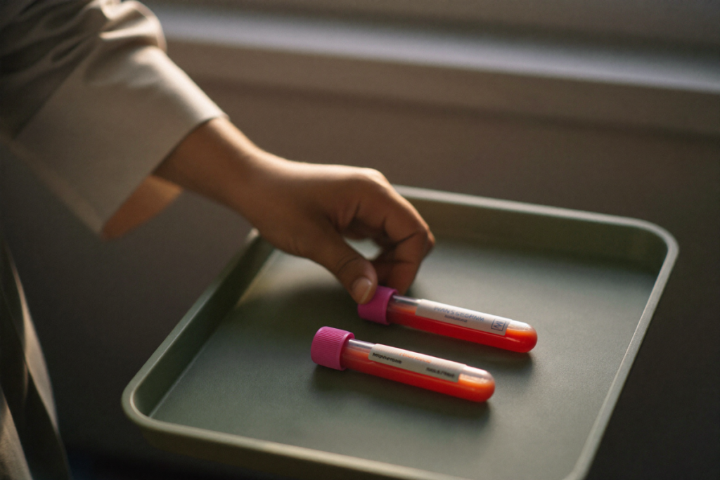 Two blood collection tubes on a clinic tray in early-morning light, representing the two early-morning testosterone tests needed for diagnosis
