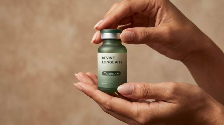 A Revive Longevity tirzepatide vial in an editorial still-life on a soft sage-green surface