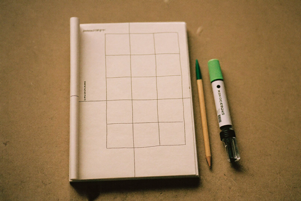 A blank hand-drawn grid log next to a pencil and an unbranded injection pen, illustrating how to track injection site rotation