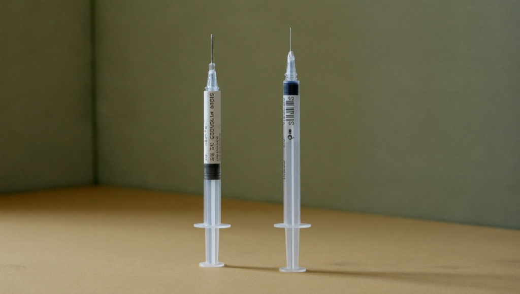 Two identical unbranded once-weekly injection pens side by side, illustrating that Zepbound and Mounjaro are the same tirzepatide molecule