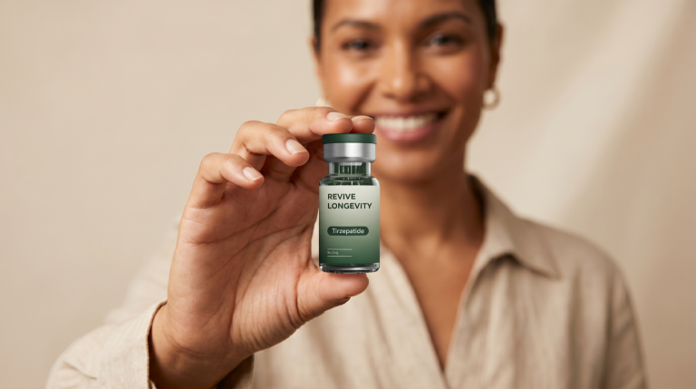 A Revive Longevity tirzepatide vial in an editorial still-life on a soft sage-green surface