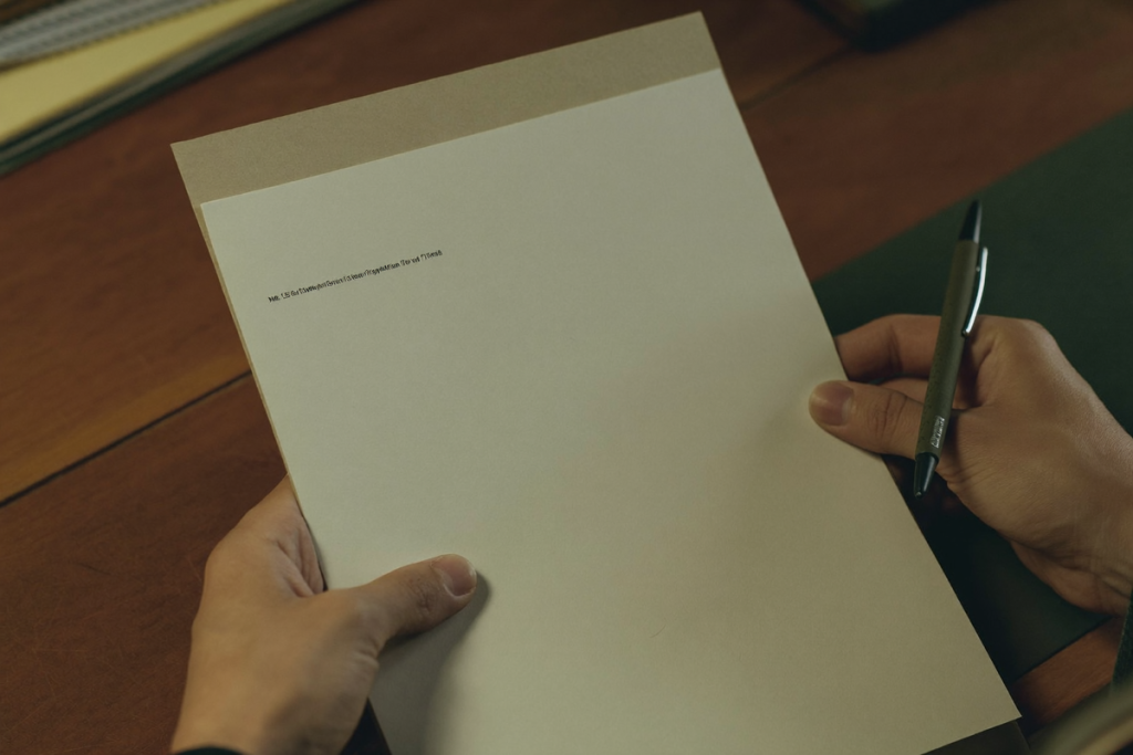 Hands reviewing a plain unmarked folder at a desk, representing comparing insurance coverage for two medications