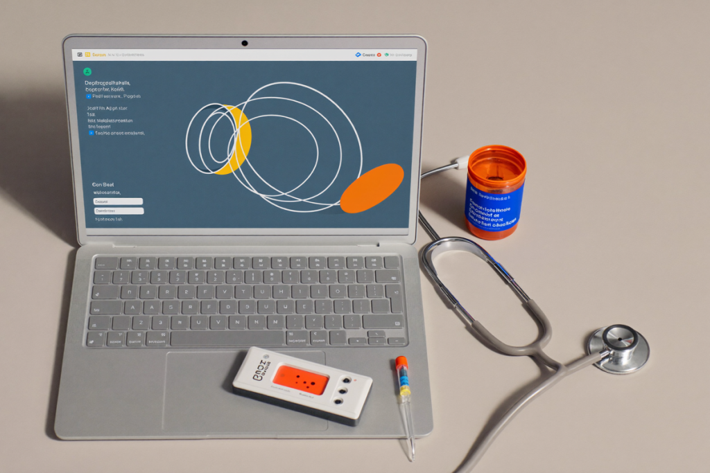 Online peptide therapy telehealth setup with a laptop, at-home lab kit, and medication vial