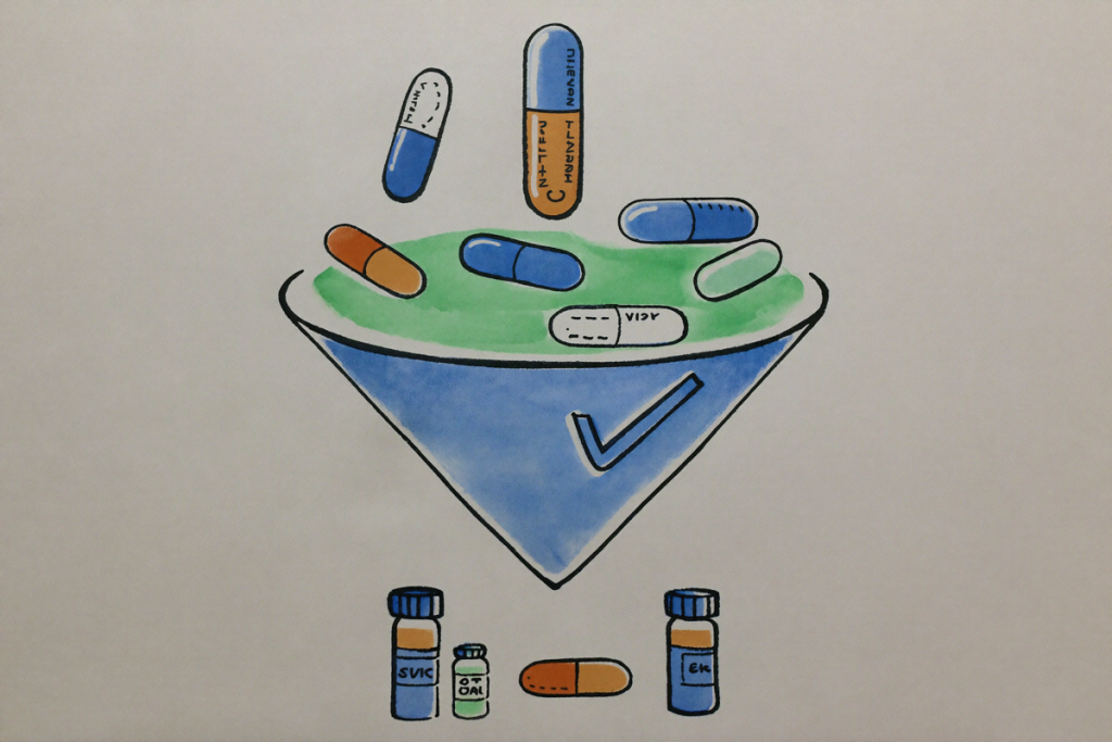 Concept illustration of filtering many peptide sources down to a few licensed, verified telehealth clinics