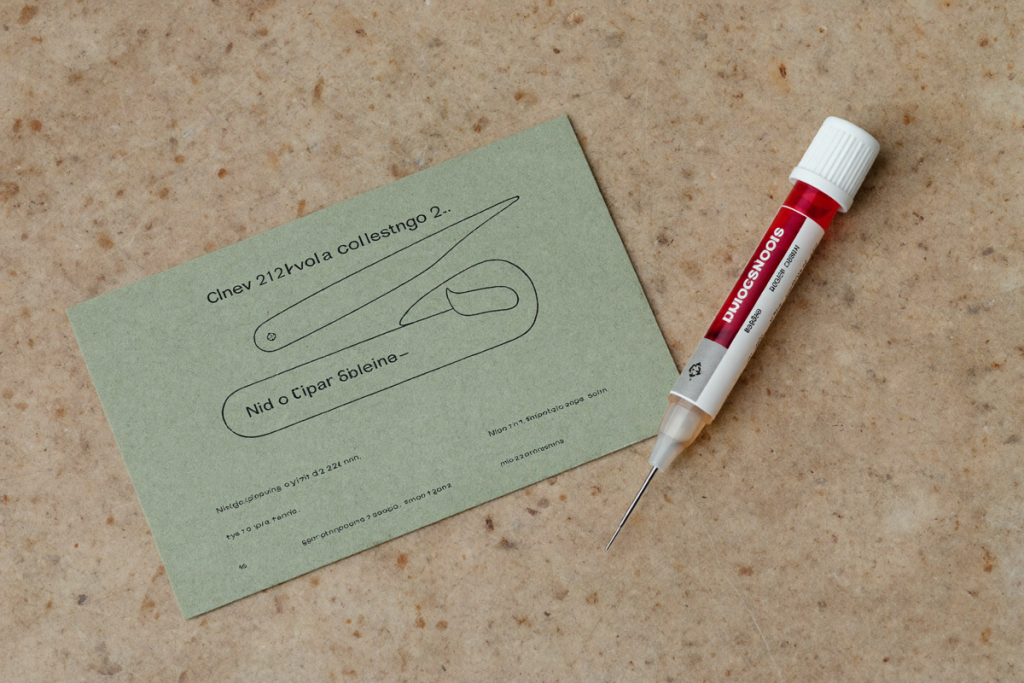 A capped lab blood-collection tube beside a minimal card on a stone surface, representing lab testing criteria for TRT clinics