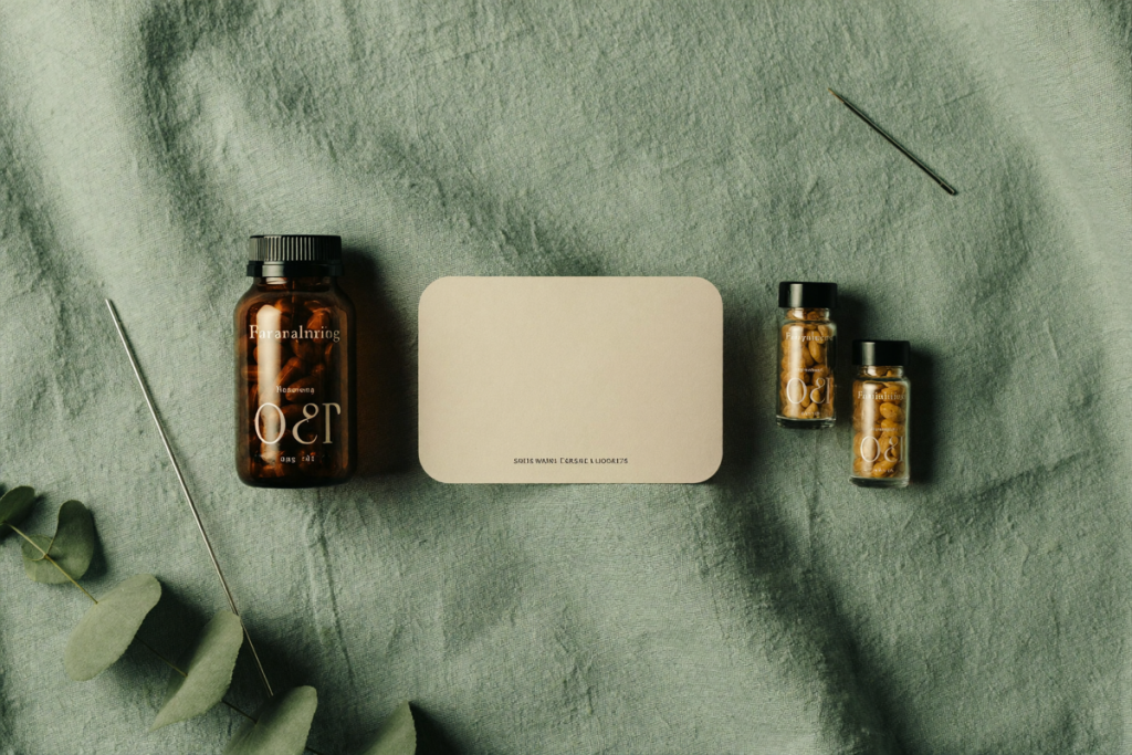 An amber capsule bottle and unlabeled vials with eucalyptus on sage linen, illustrating transparent flat-rate TRT pricing