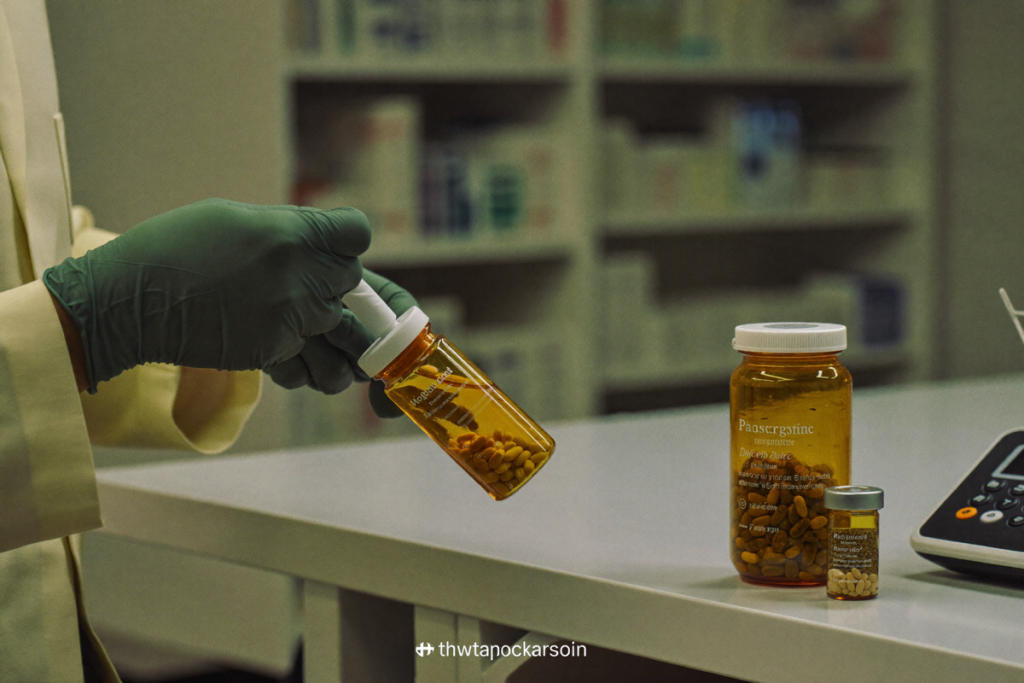Compounding pharmacist preparing a medication in a clean pharmacy lab