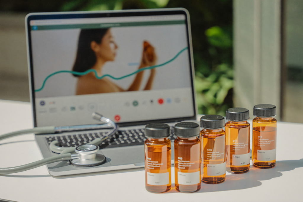 Clinical desk with a laptop, stethoscope, and unlabeled amber prescription vials representing the FDA peptide regulatory review