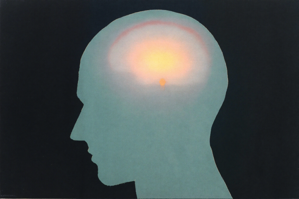 Abstract profile of a head with a soft glow near the brain, representing a centrally acting mechanism