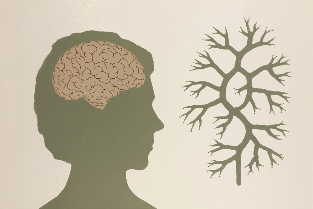 Illustration contrasting a highlighted brain region with a branching blood-vessel motif to show central versus peripheral drug action