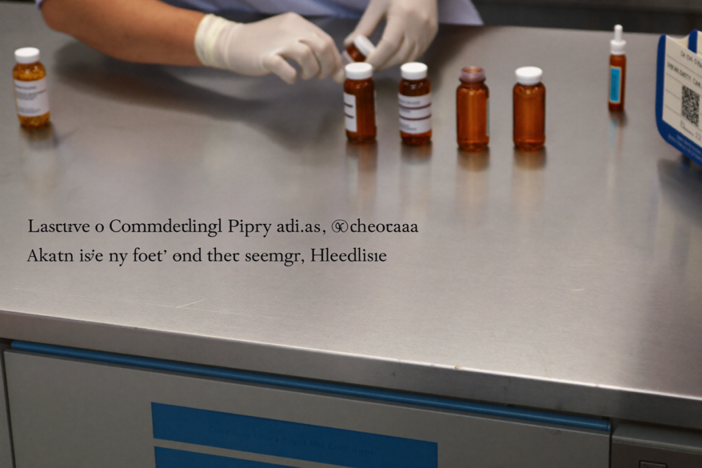 Gloved hands preparing a compounded preparation at a clean pharmacy counter with amber vials