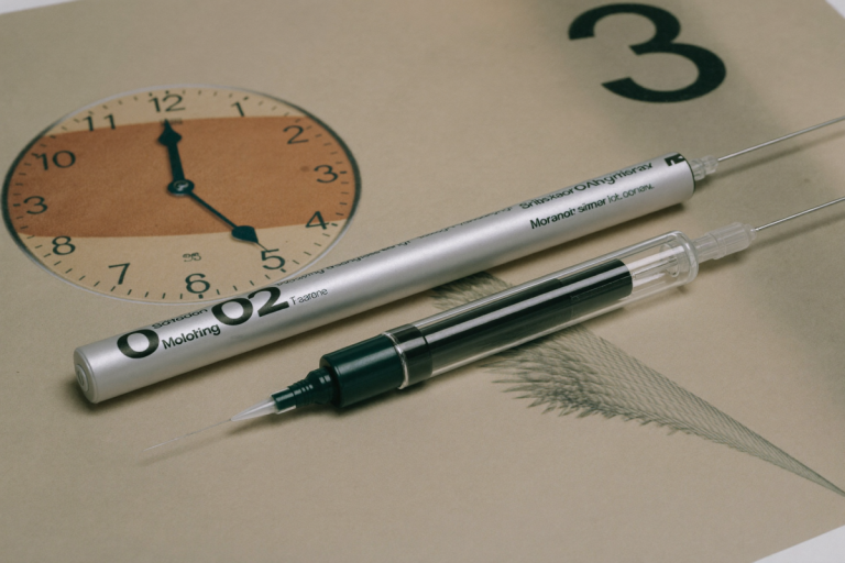 Prefilled autoinjector pen beside a subtle calendar and clock motif representing PT-141 dosage timing and frequency