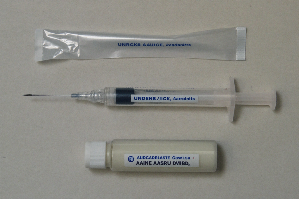 Clinical flat-lay of an unbranded injector, alcohol swab, and vial representing prescription-only PT-141