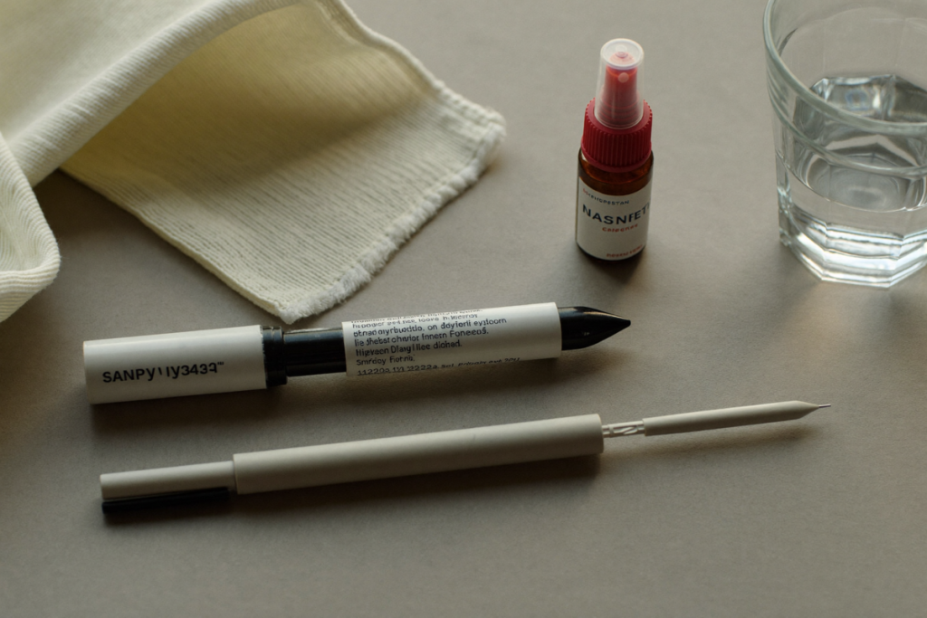 A subcutaneous autoinjector pen next to an amber nasal spray bottle on a neutral clinical surface