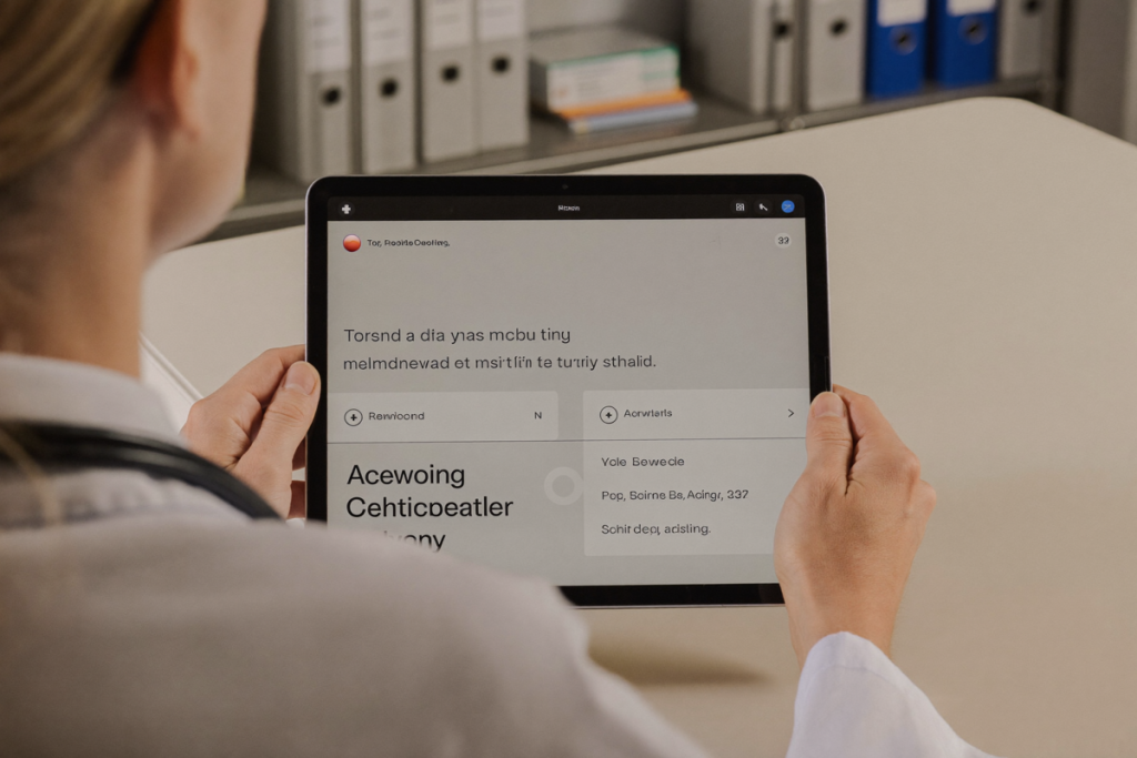 A clinician reviewing a tablet during a telehealth consultation, representing provider-led PT-141 dosing decisions
