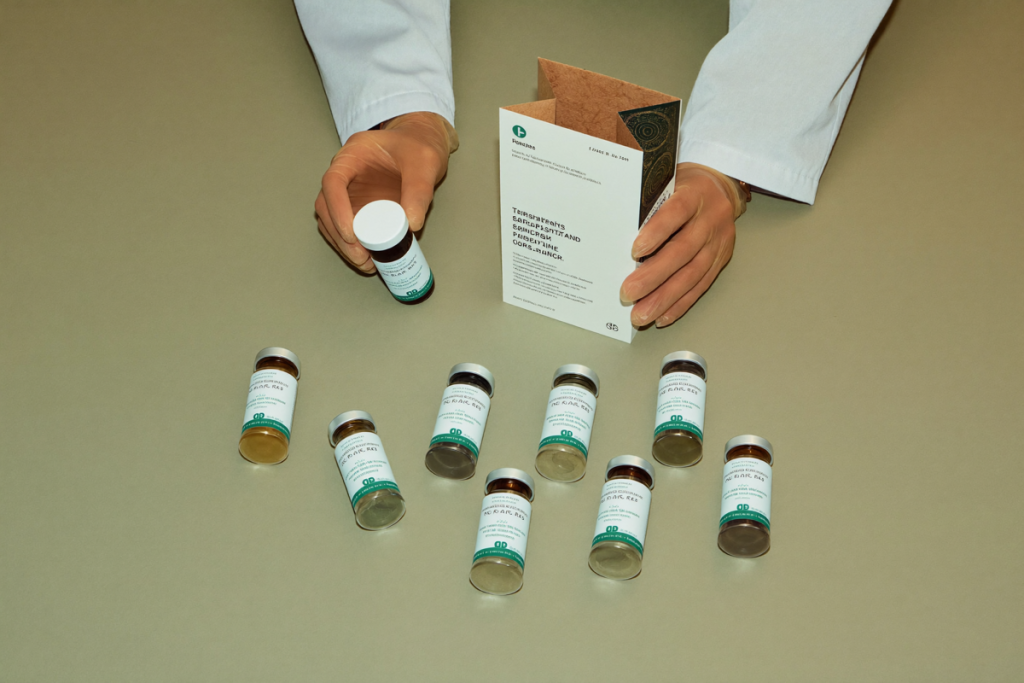 Pharmacist arranging prescription vials at a licensed pharmacy counter, representing 503A and 503B compounding