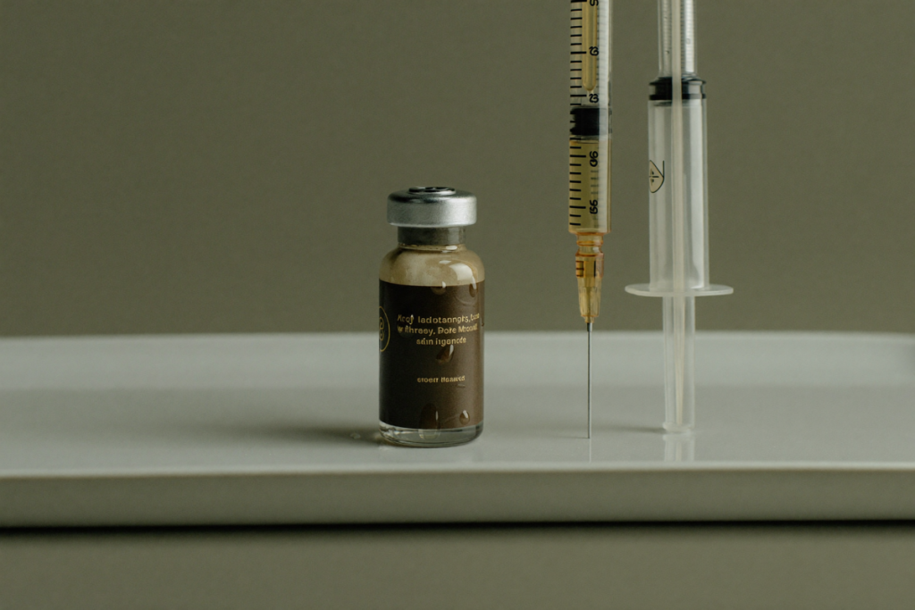 Small amber vial and fine subcutaneous syringe on a sterile tray illustrating compounded sermorelin