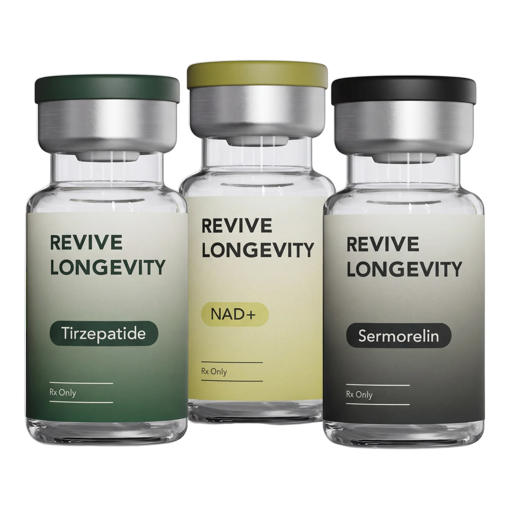 Tirzepatide, NAD+ and Sermorelin vials from Revive Longevity