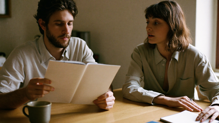 Couple reviewing a household budget together at a sunlit kitchen table