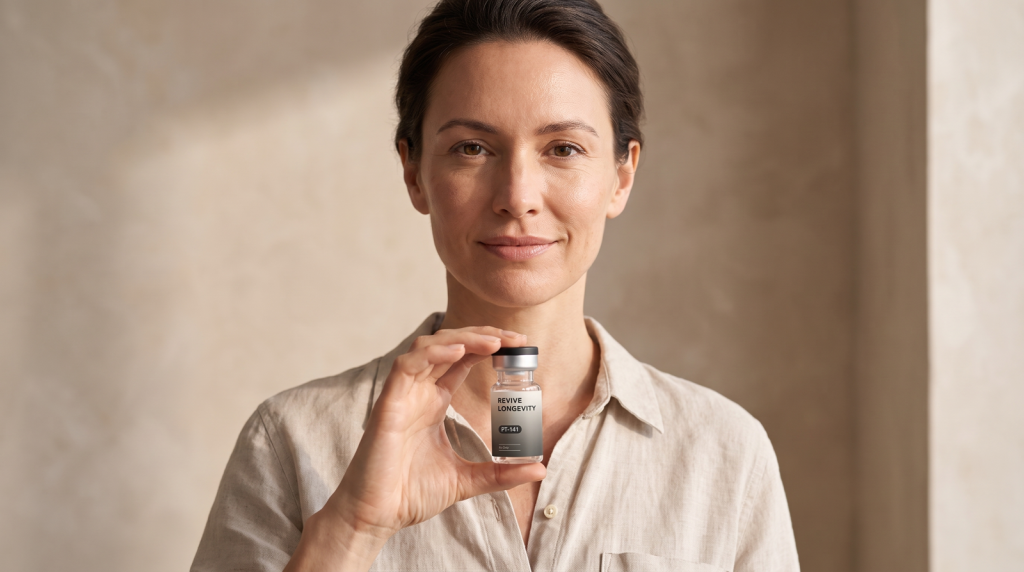 Adult holding a Revive Longevity PT-141 vial in a warm neutral studio