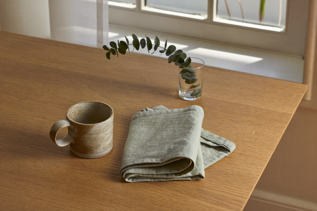 Ceramic mug, eucalyptus sprig and linen napkin on an oak table by a window