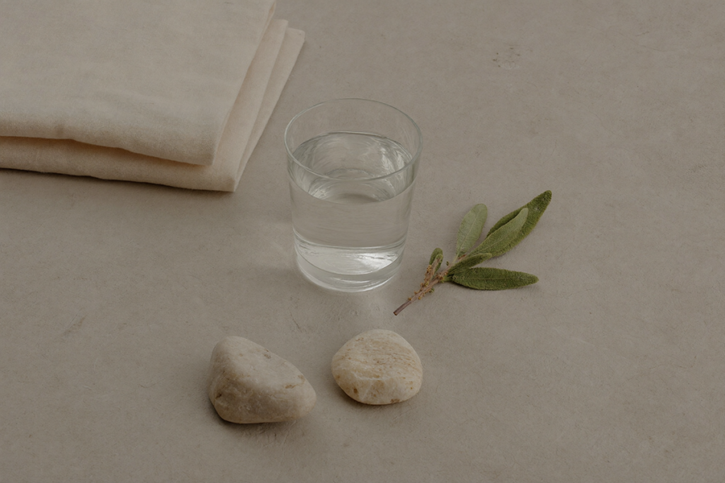 Glass of water, folded linen and smooth stones on a pale stone surface
